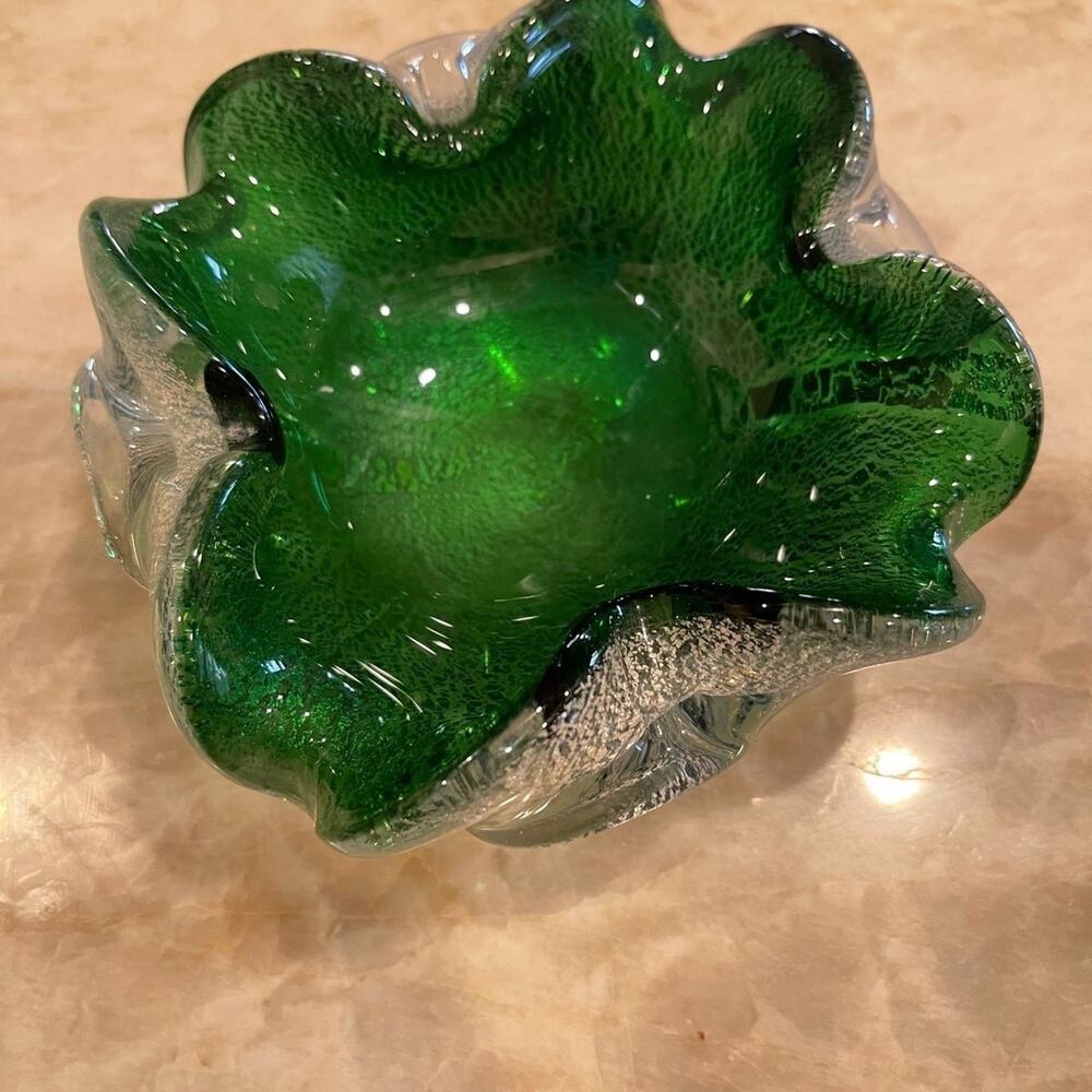 Vintage Murano glass ashtray , candy dish Green/silver